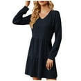 thumbnail image 2 of qolati Women Fall Dresses 2023 Elegant V Neck Puffy Sleeve A-Line Midi Dress Casual Layered Ruffles Flowy Cocktail Party Dress, 2 of 6