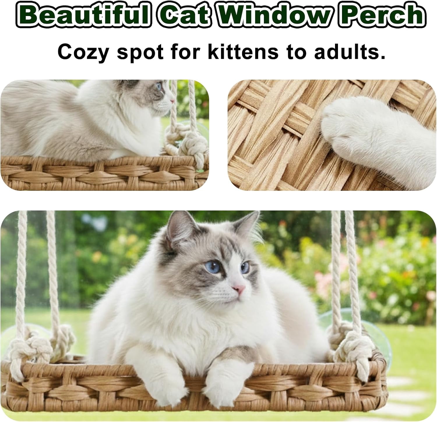 Cat Window Perch with 4 Strong Suction Cups,PE Rattan Basket Hammock with Soft Washable Plush Cushion,Cozy Hammock Perches for Large Indoor Cats Kittens Sunbathing Bird Watching