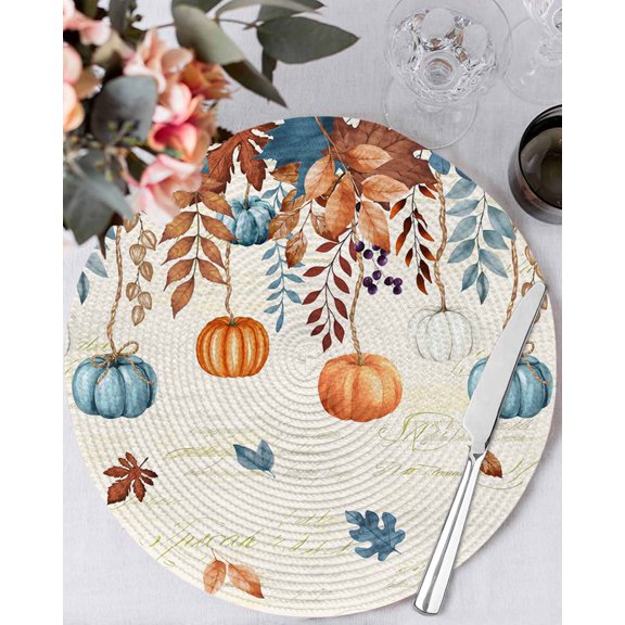 13 Inch Round Placemats Set of 6, Orange Blue Pumpkins Fall Non Slip Heat Insulation PP Table Mats, Weeping Botanical Thanksgiving Retro Washable Place Mats for Kitchen Dining Party Table Decor