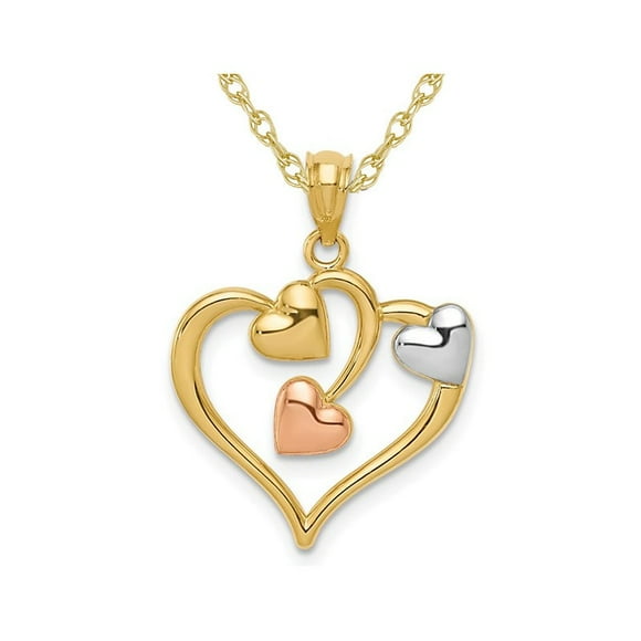 14K Yellow Gold Triple Heart Charm Pendant Necklace with Chain
