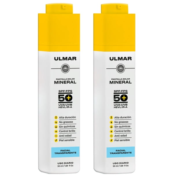 ULMAR Duo Protector Solar Facial Mineral Fps50 Uva/uvb/hevl/Ir-v Piel sensible orgánico 50m 2pzs