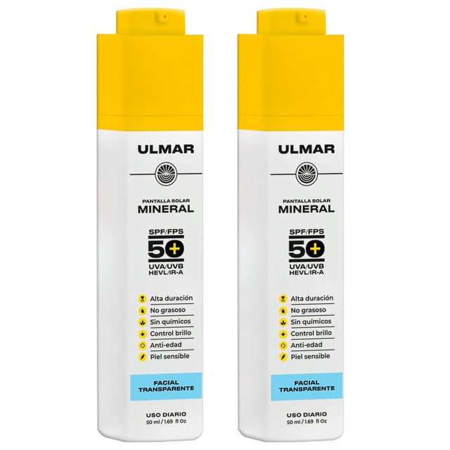ULMAR Duo Protector Solar Facial Mineral Fps50 Uva/uvb/hevl/Ir-v Piel sensible orgánico 50m 2pzs