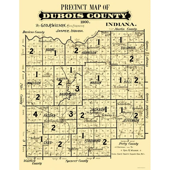 Historic County Map - Dubois County Indiana Precinct - Wilson 1900 - 23 x 29.73 - Vintage Wall Art