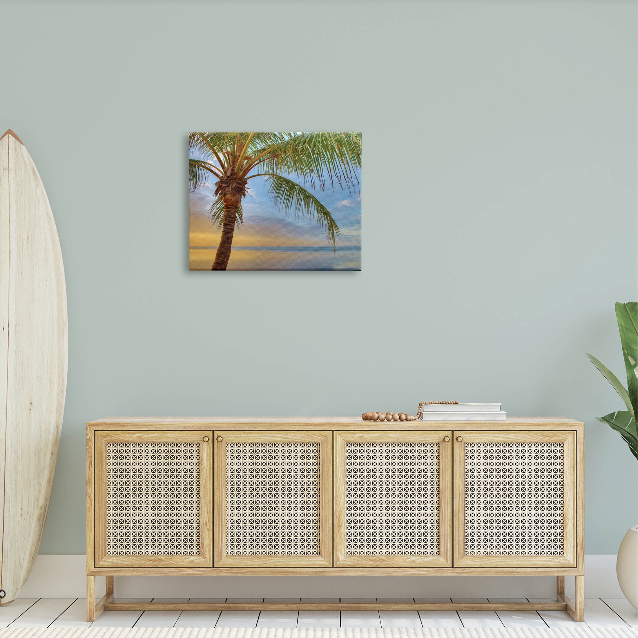 Sunrise Palm Tree Sky Reflection Coastal Photograph Gallery Wrapped Canvas Print Wall Art