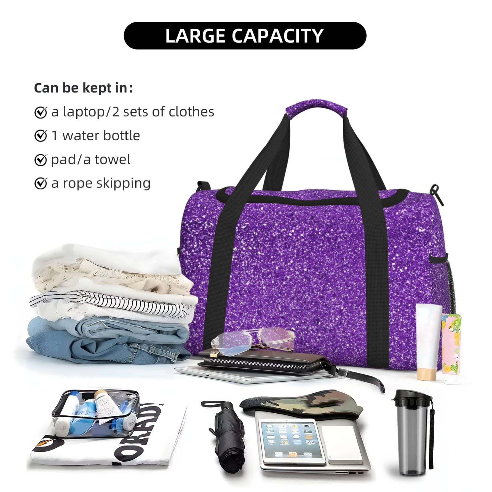 Fuzoiu Glitter Purple Print Travel Duffle Bag,Carry On Tote Bags,Duffel Bag,Sport Gym Bag, Hospital Bag for Labor and Delivery, Overnight Bag,Luggage Bag