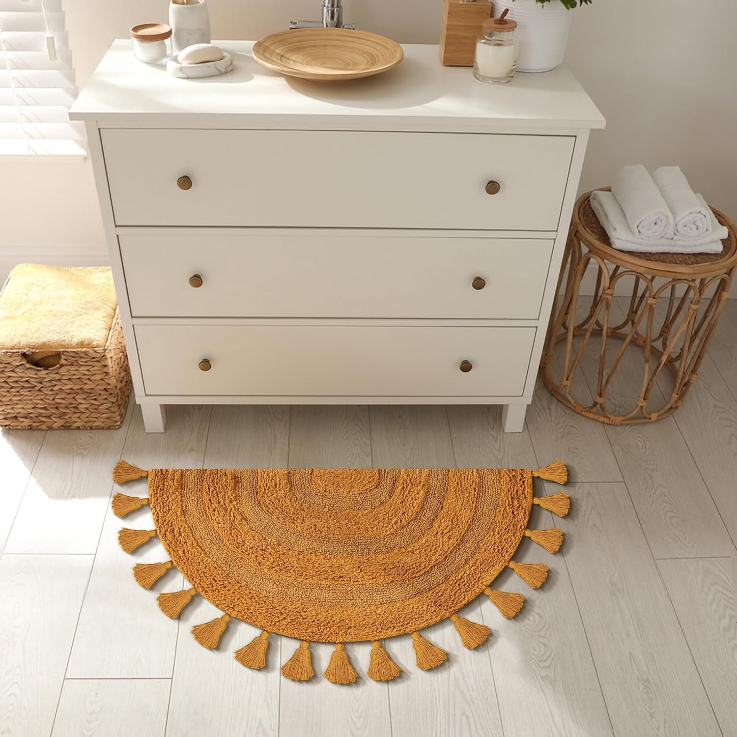 Savi Home Cotton Half Circle Bath Mat with Anti-Skid Backing, Mustard, 22" x 36"
