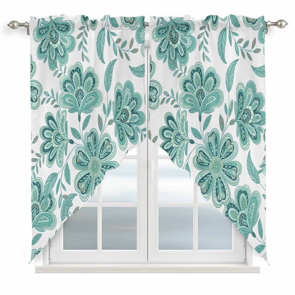 Turquoise Paisley Floral Kitchen Window Curtains, Swag Curtains Valance for Bedroom Living Room Bathroom, Boho Vintage Ethnic Flowers Rod Pocket Window Treatment Curtain Block Drapes 2 Panels 36"x36"