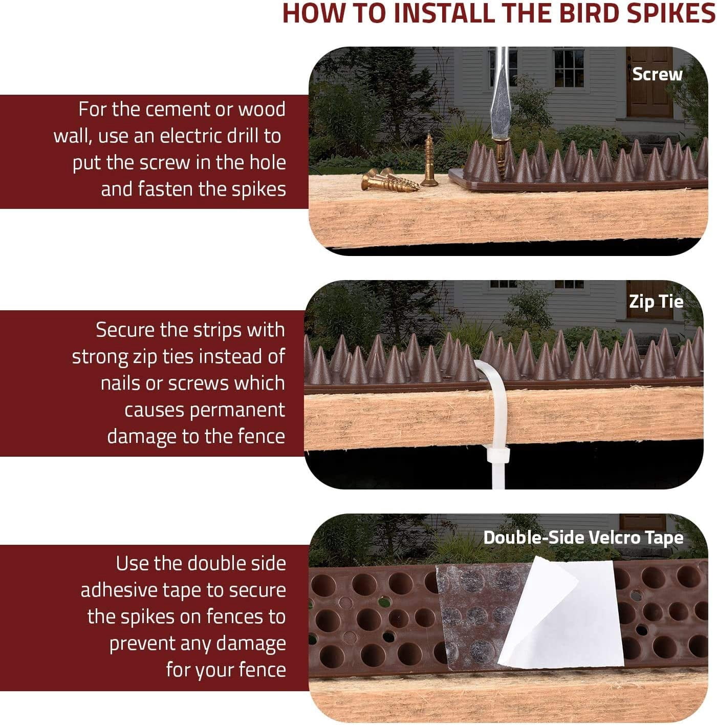 Defender Bird Spikes for Pigeon, Cat, Raccoon & Small Animals - Protect Your Sofa, Garden, Outdoor Walls, Anti Climb, Plastic Fence Spikes 24pack [34FT], Brown