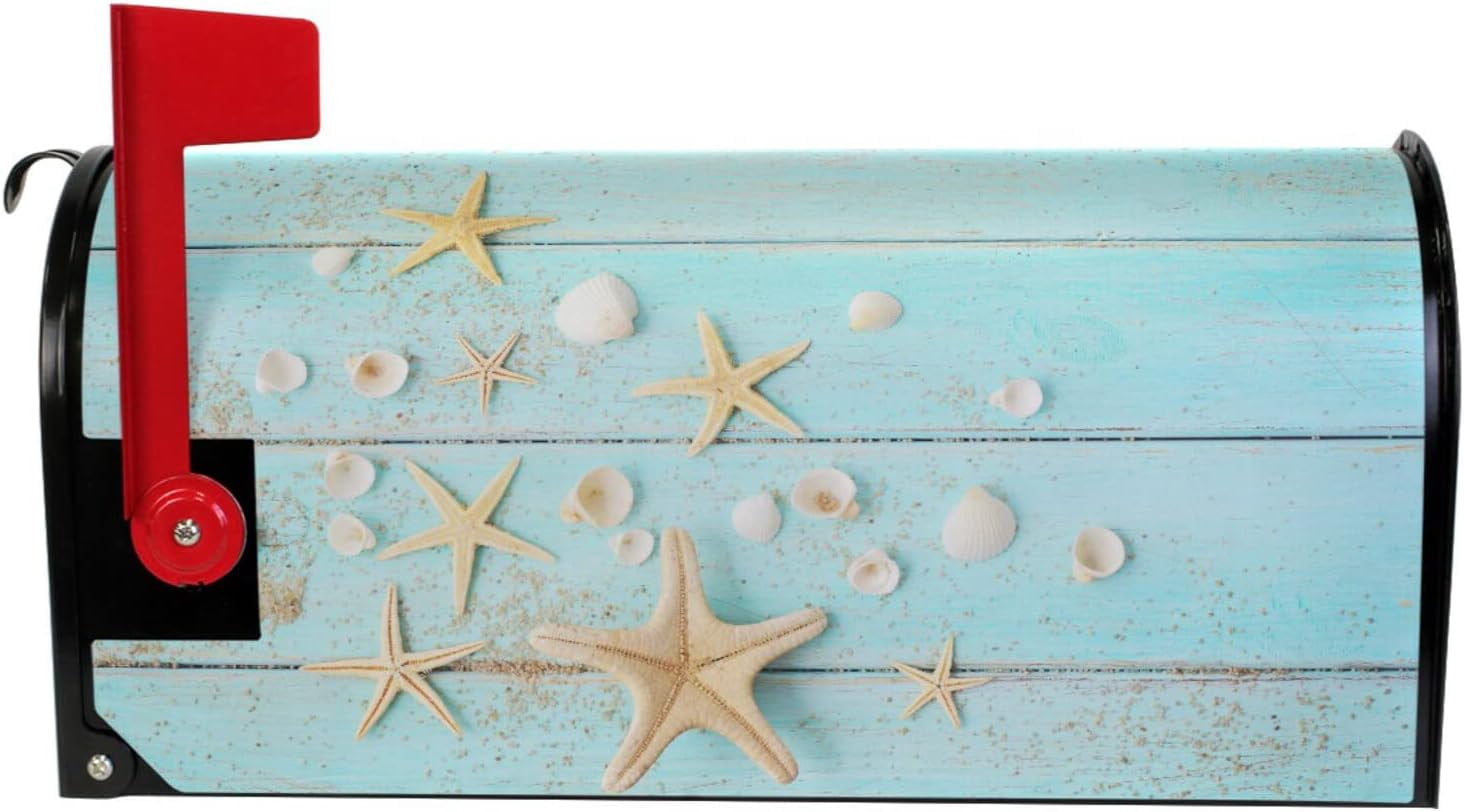 Hello Summer Starfishs Mailbox Cover Blue Wooden Shells Mailbox Covers Magnetic Large Size 25.5" X 21" Mailbox Wraps Post Letter Box Cover Garden Decorations