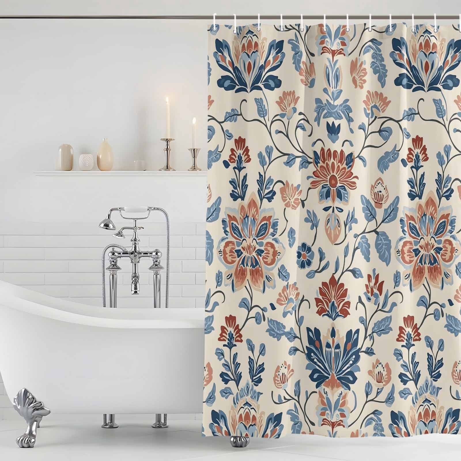 Shower Curtain Bathroom Set Boho Abstract Flower Botanical Waterproof Fabric Shower Curtains with Grommets&Hooks, Retro Ombre Blue Floral Privacy Bath Curtain for Bathtub 72x84in