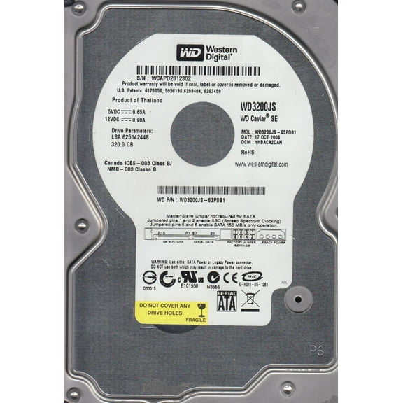 WD3200JS-63PDB1, DCM HHBACA2CAN, Western Digital 320GB SATA 3.5 Hard Drive