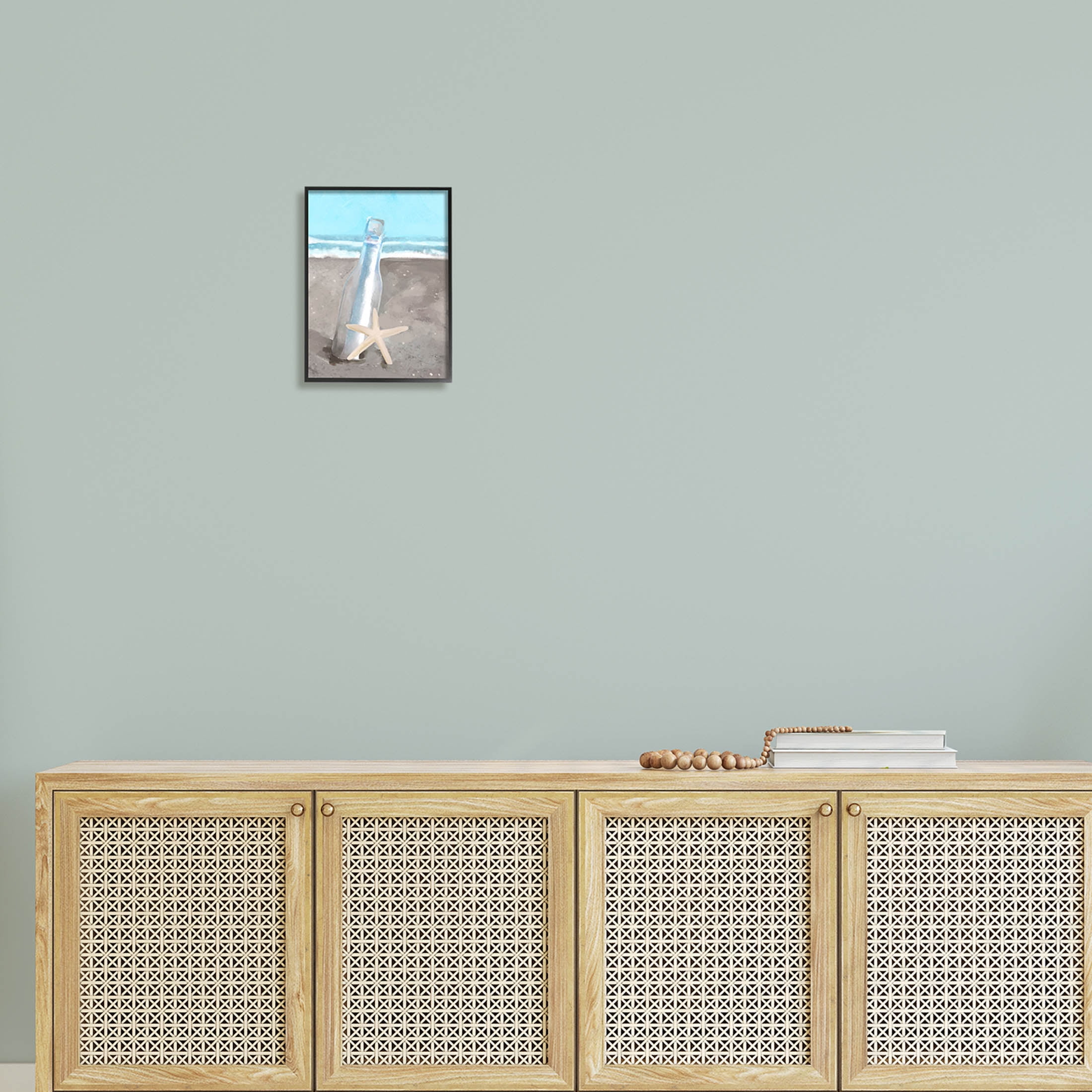 Message Bottle Beach Shore Coastal Graphic Art Black Framed Art Print Wall Art