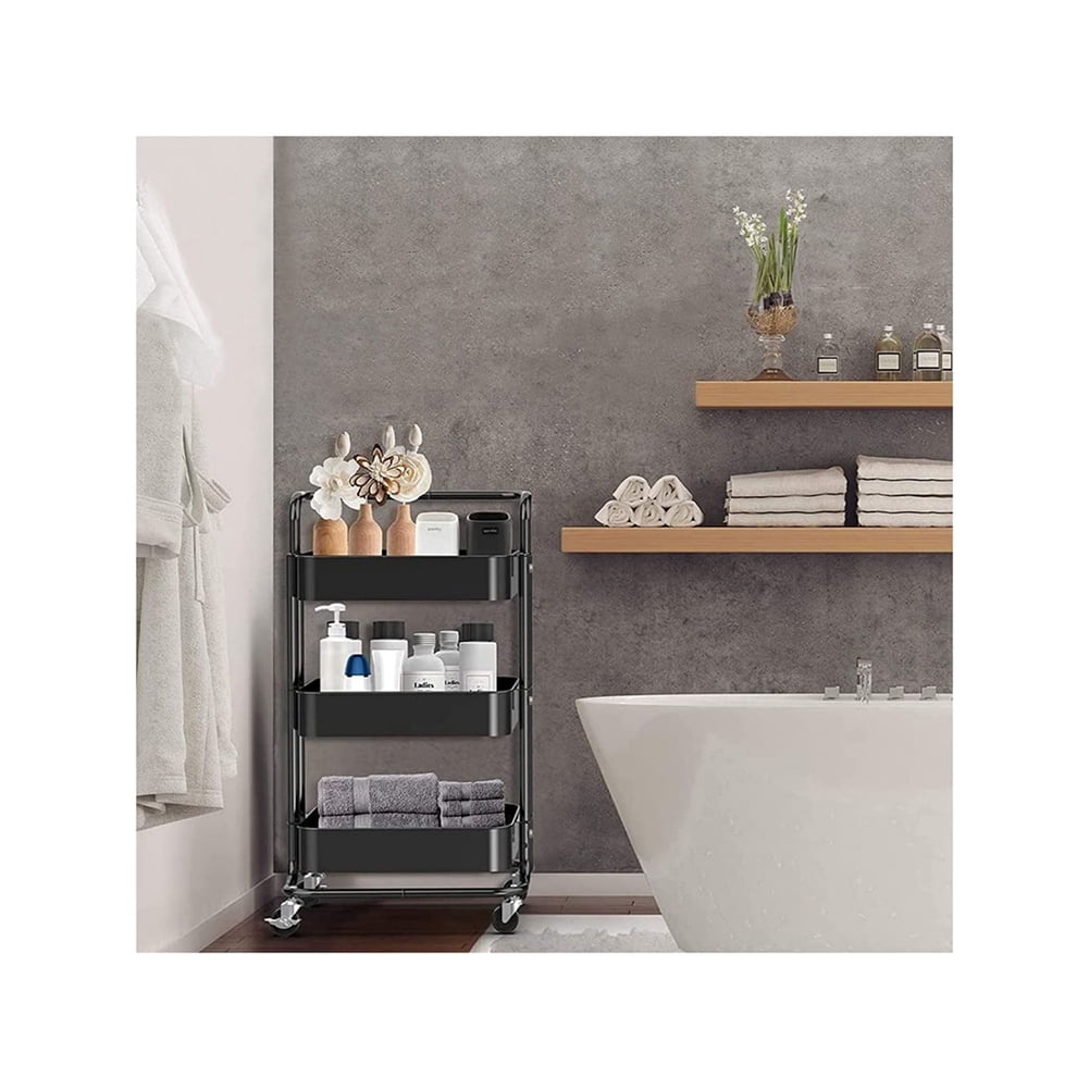 Kadyn 3 Tier Utility Carts with Lockable Wheels, Metal Rolling Cart with Handle, Storage Organizer Trolley Cart for Bathroom, Black Kadyn 3 Tier Utility Carts with Lockable Wheels, Metal Rolling Cart with Handle, Storage Organizer Trolley Cart for Bathroom, Black