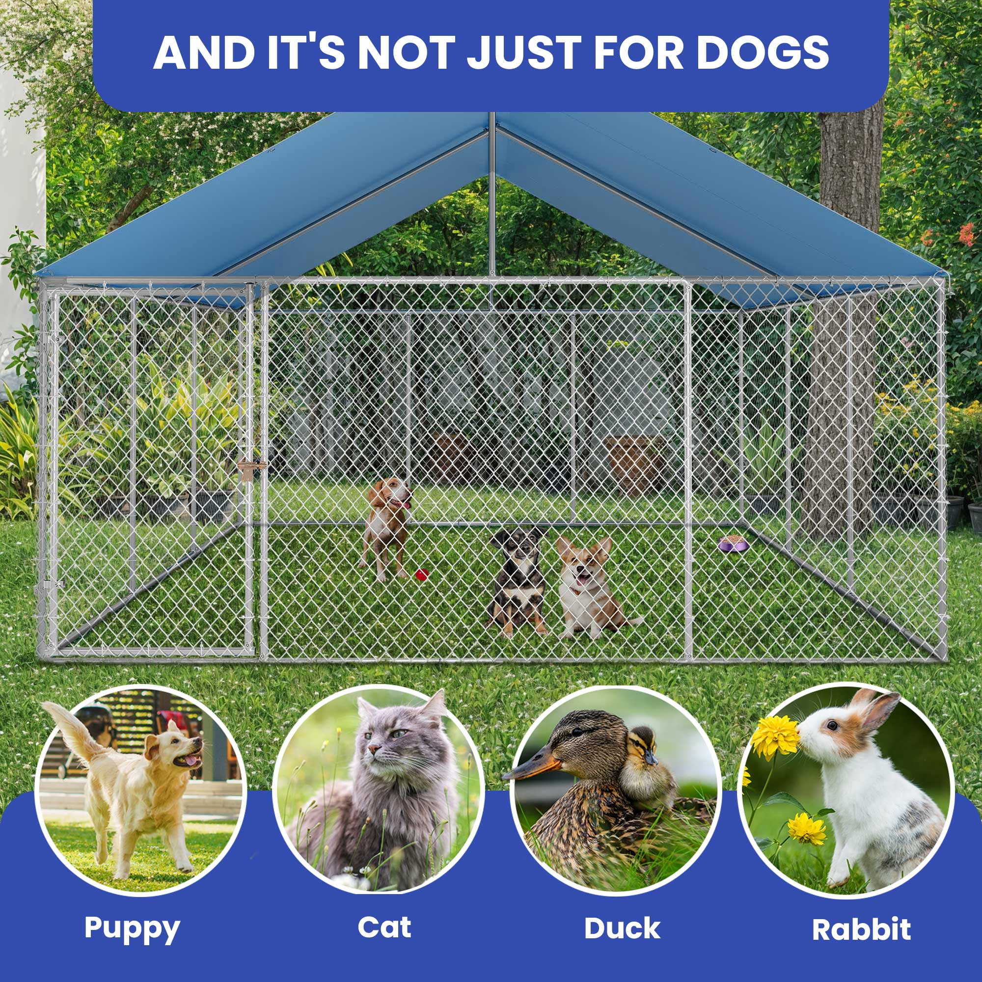 ModFusion 14' Outdoor Dog Kennel with Metal Gate and Roof, Heavy-Duty Galvanized Steel Fence
