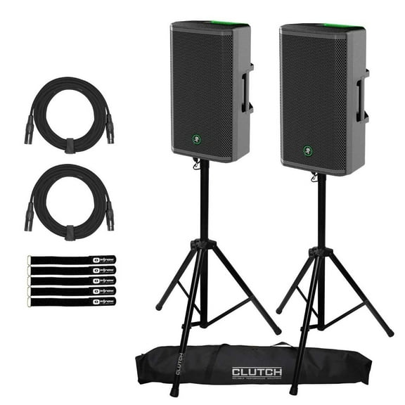 (2) Mackie Thrash 212 12" 1300W Powered Loudspeakers with Tripod Speaker Stands Package