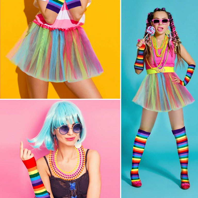 Powiller 10 PCS 80s Fancy Dress Costumes 80s Fancy Neon Accessories, Neon Rainbow Tutu Unicorn Headdress Leg Warmers Rainbow Gloves Necklaces Bead, 80s Fancy Dress Girls Women Out Party -