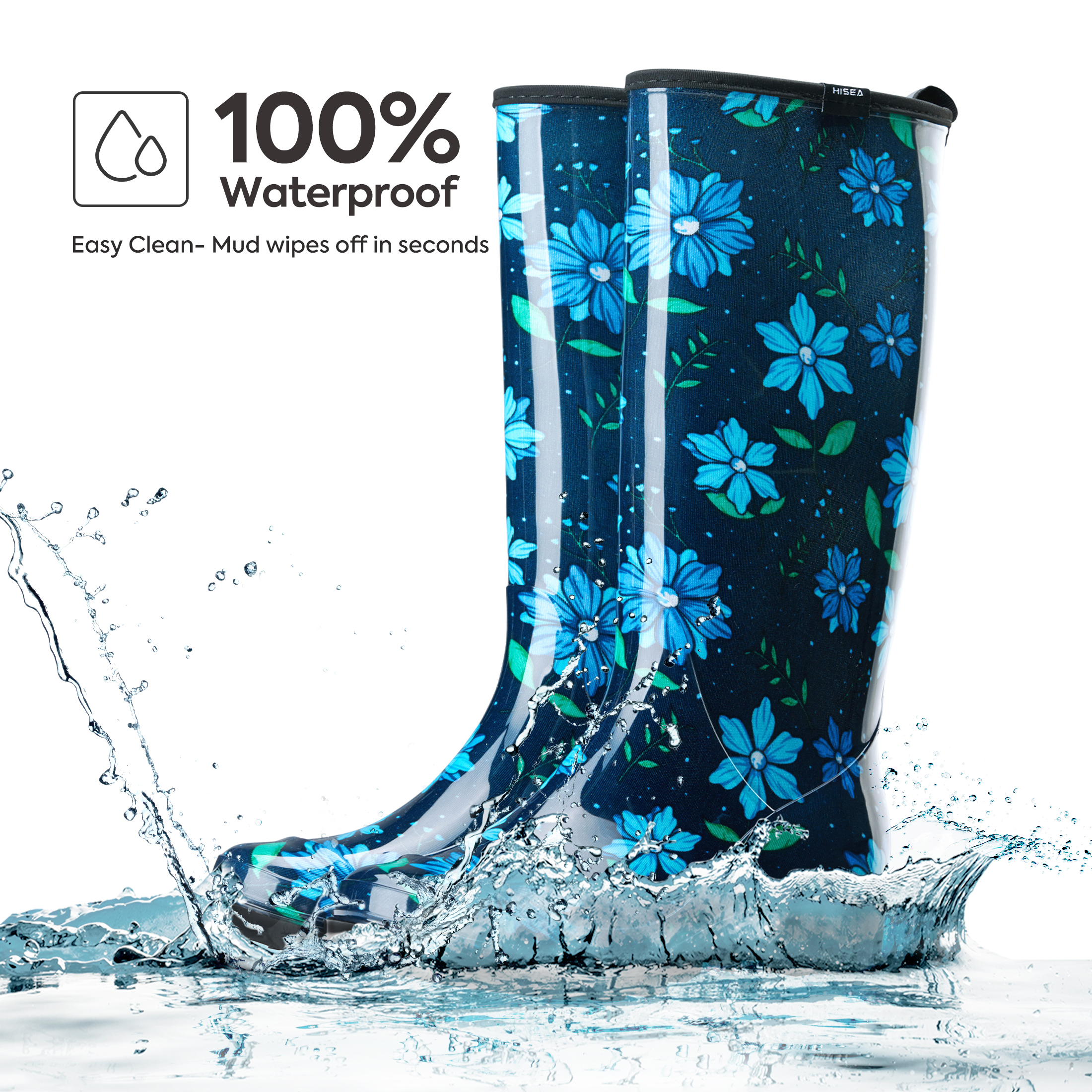 Colorful Rain Boots for Women,Knee-high Waterproof Anti-Slip Slim CalfGarden Shoes,Blue Floral,US Size 8
