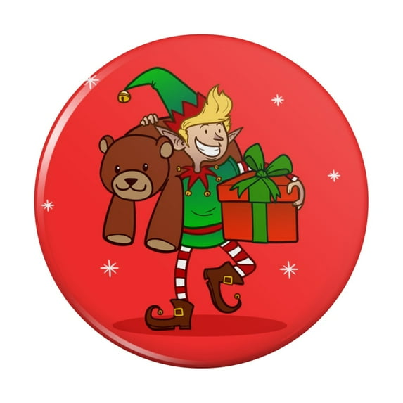 Christmas Elf with Presents and Gifts Kitchen Refrigerator Locker Button Magnet