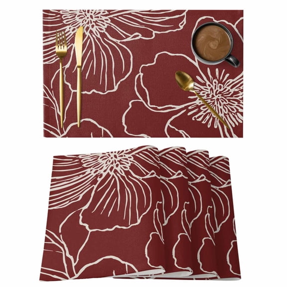 Red Flowers Placemats Set of 8, Spring Floral Botanical Modern Art Placemats for Dining Table, Place Mats for Kitchen Tabletop, Waterproof Wipeable Dining Table Mats Set