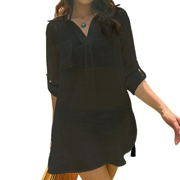 Qarigey Camisa de vestir de playa de gran tamaño de color sólido Cubrir Estilo simple Jersey Blusa de manga larga Top Mujer Ropa diaria Ropa, zapatos y accesorios Miscelánea Negro/L