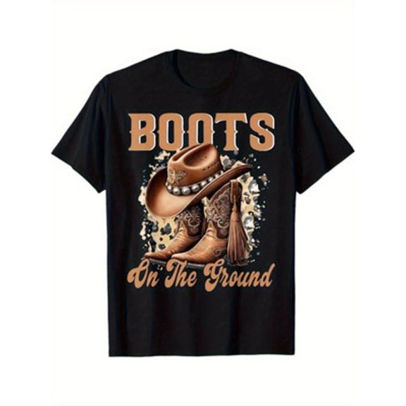 Velto Western Cowboy Boots & Hat Graphic T-Shirt with "Boots On The Ground" Slogan - B All Size S-5XL