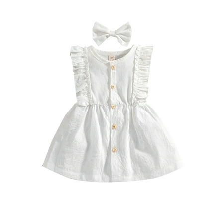 

AMILIEe Toddler Baby Girls Princess Dress Sleeveless Ruffle Cotton Linen Button Dresses Headband