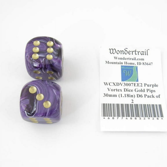 Purple Vortex Dice with Gold Pips 30mm (1.18in) D6 Pack of 2 Wondertrail