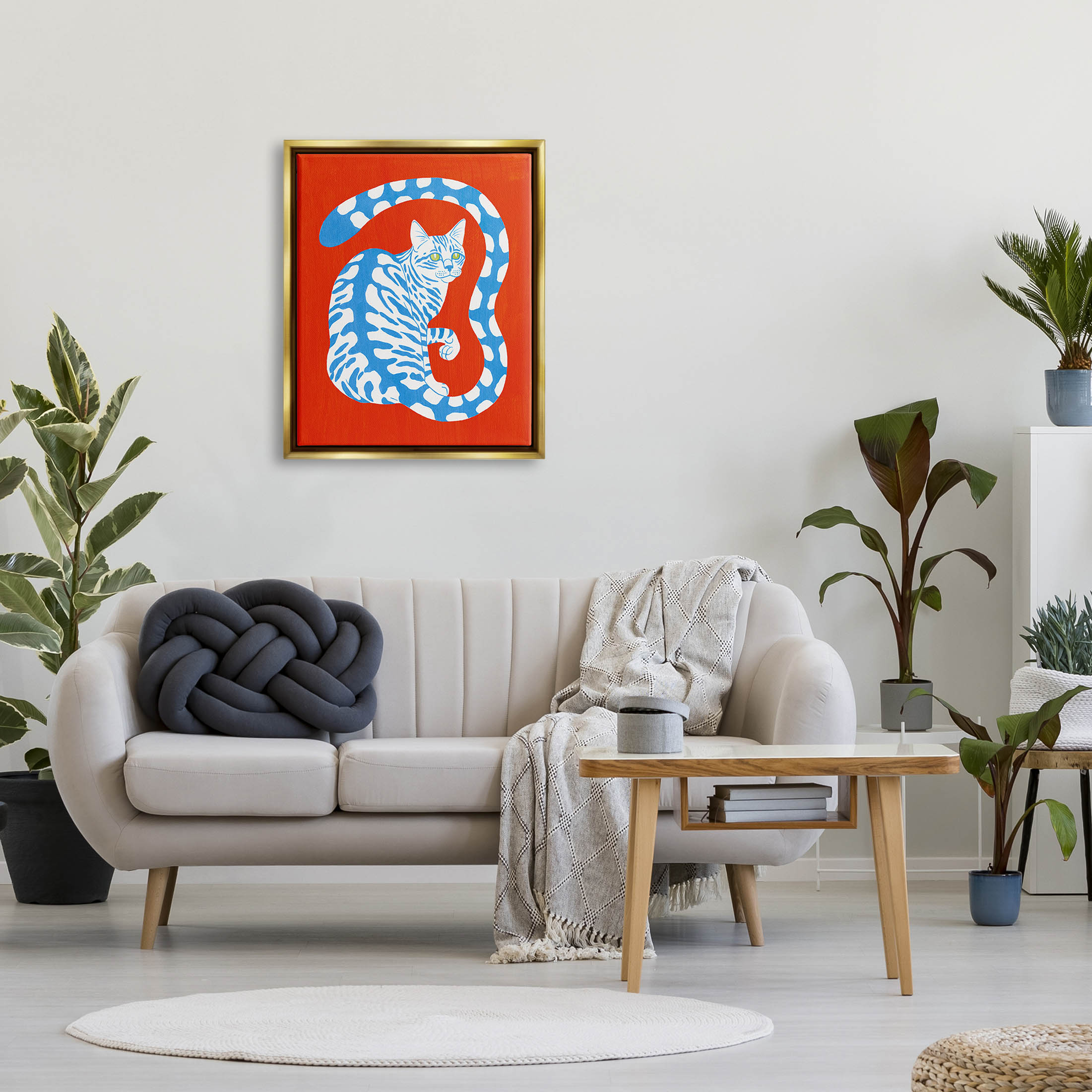 Stupell Industries Bold Blue Striped Curved Cat Tail Graphic Art Metallic Gold Floating Framed Canvas Print Wall Art, Design by Grace Popp