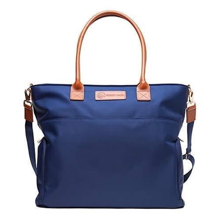 Abby Breast Pump Tote with Real Leather Straps – Stylish Pumping Bag with Insulated Pockets, Laptop Storage & Easy-Clean Interior – Professional Breast Pump Bag for Work & Travel (Navy)