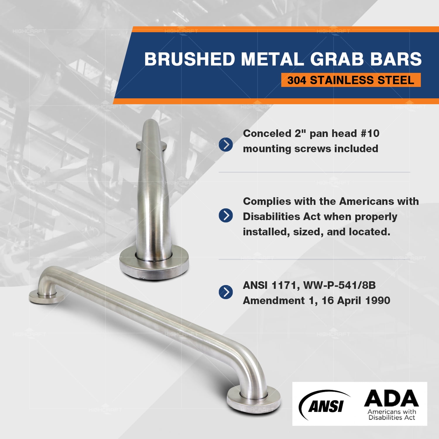 Highcraft Grab Bar for Bathtubs and Showers, Shower Grab Bars for Seniors and Elderly, Safety Bar for Bathroom 48" x 1.5" ADA Compliant Grab Bar, Heavy Duty Stainless Steel Shower Handle Wall Mount