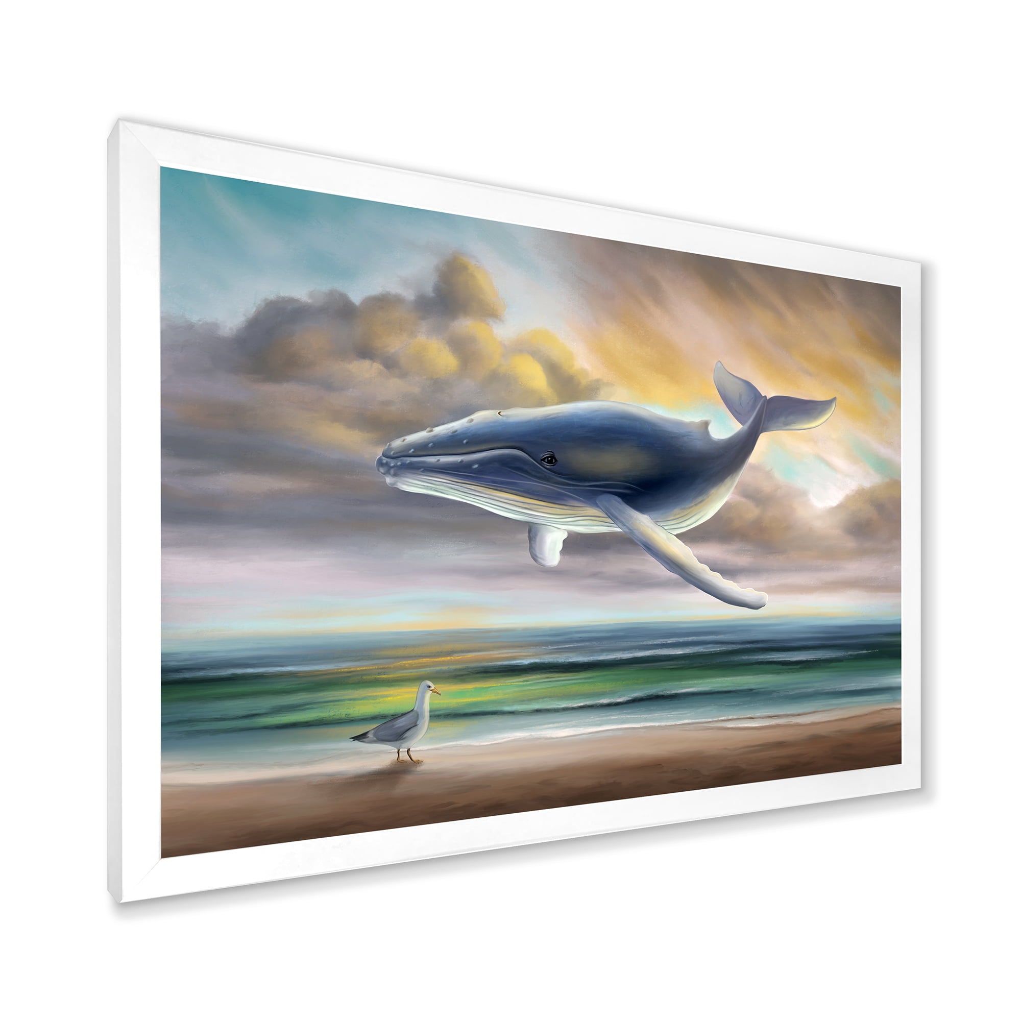 Designart 'Whale Floating In The Sky Over Beach' Children's Art Framed Art Print