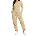 thumbnail image 2 of Chiccall 2 Piece Fall Outfits for Women Stretchy Long Sleeve Crew Neck Crop Top High Waist Drawstring Jogger Pants Matching Lounge Set Tracksuits Set, 2 of 10