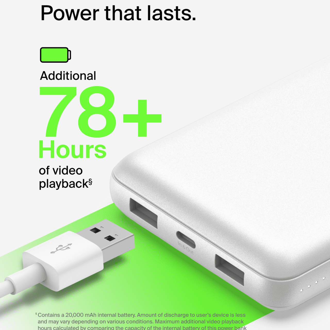 Belkin 20K Power Bank, USB-A & C 15W, White with Overcharge Protection, Portable Power Pack