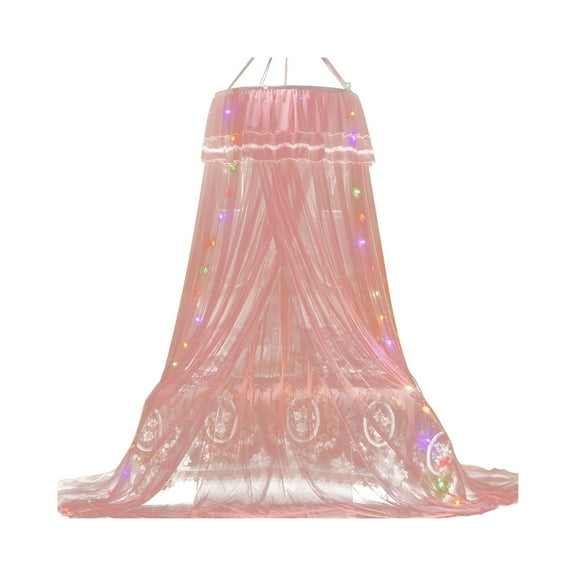 LAMIRO LED Lights for Girls Bedroom Mosquito Net Bed Canopy,Princess Round Hoop Sheer Bed Canopy,Dome Mosquito Netting Bed Tent Twin Girls Canopy Bed Decor for Baby Crib,Kid Bed