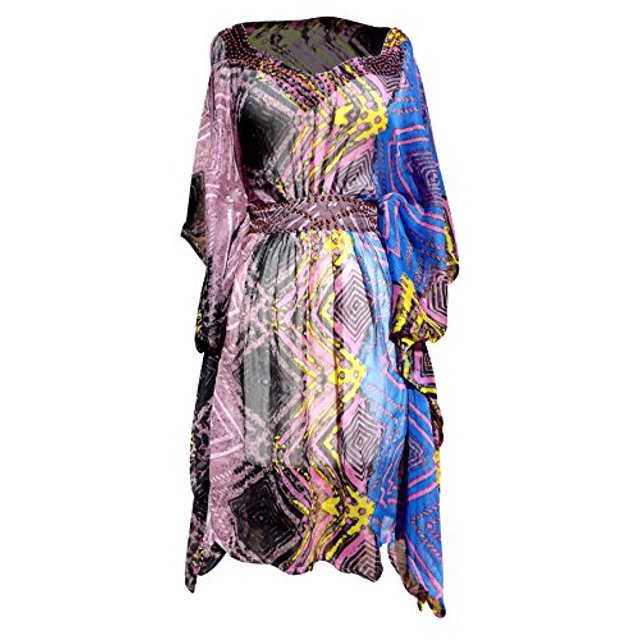 Peach Couture Robe Tunique d'Été Légère à Imprimé Géométrique Tribal Manches Longues Ceinture en Tissu Mini Robe