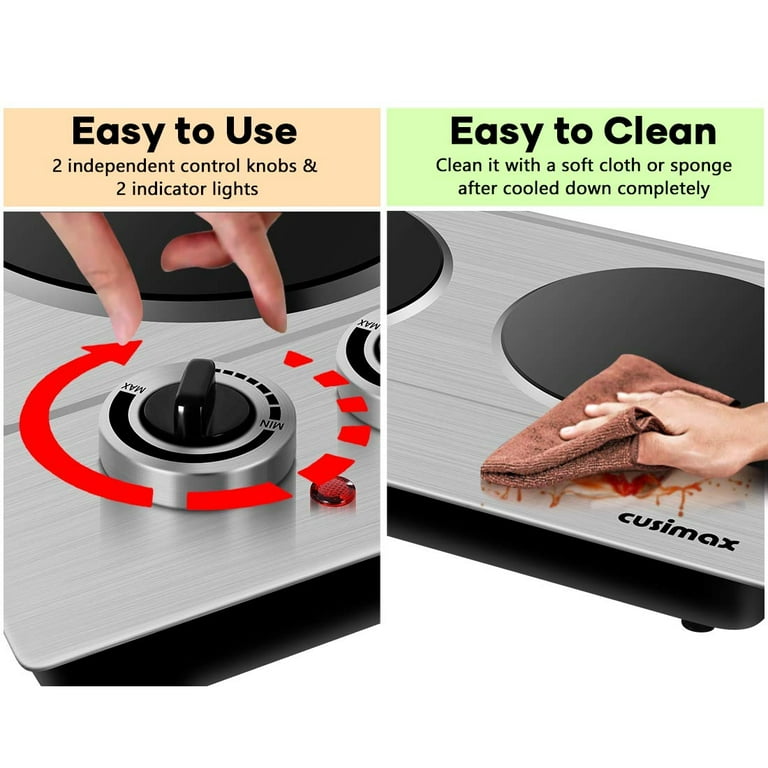 Cusimax 900w+900w Double Hot Plates, Cast Iron Hot Plates, Electric Cooktop, Hot Plates for Cooking Portable Electric Double Burner, Stainless Steel