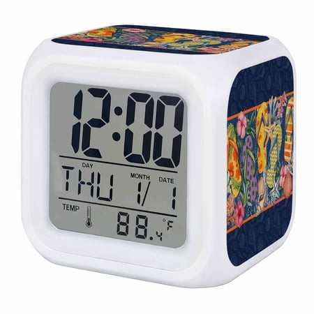 Alarm Clocks Flip Flops Digital Clock 7 Color LED Night Light Silent Non-Ticking Battery Operated Slippers Summer Holidays Marine Life Cube Clocks for Bedroom Bedside Living Room Office School