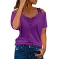 thumbnail image 1 of moda de moda de encaje con cuello en v jersey de manga corta top color sólido camiseta casual púrpura / l, 1 of 5