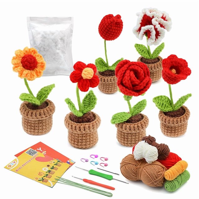 Kit de crochet para principiantes, kit de flores en maceta de crochet, kit completo de crochet para principiantes adultos con instrucciones paso a paso