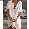 thumbnail image 3 of JUNWELL 2024 Robe de Plage en Coton et Lin pour Femmes, Unie, d'Été, Décontractée, par-Dessus, Robes Midi, Tuniques Douces et Amples, Robe-Chemise pour Femme, Robe P-5TG, 3 of 7
