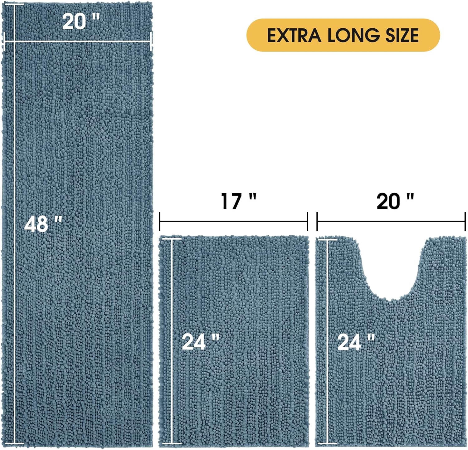 HAKUNA Upgrade Extra Large Haze Blue Bathroom Rug Set 3 Pieces Ultra Soft, Thick Absorbent Bath Mats, Non Slip Chenille Toilet Mat for Bathroom, Bedroom, Kitchen, Stone Blue
