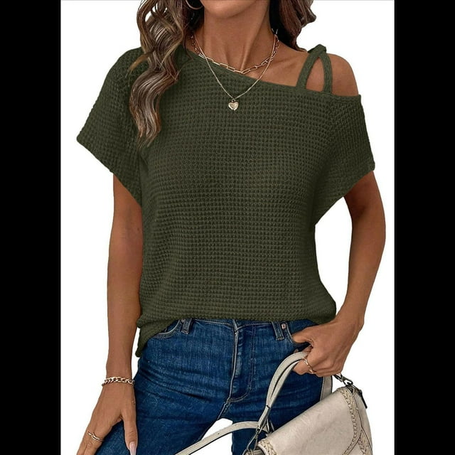 Camiseta Informal de Verano para Mujer, de Corta, con Hombros Descubiertos y Tejido Gofre, Color Verde , Talla XL