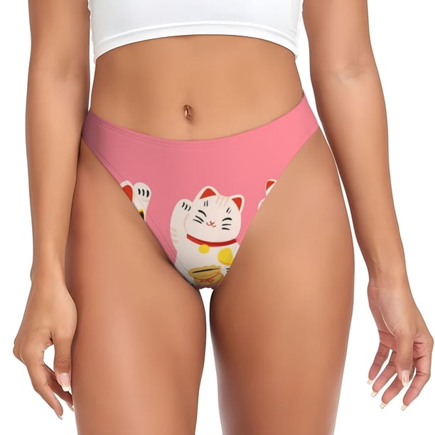 Balery Cute Cat Tangas de Algodón para Mujer con Estampado – Ropa Interior Sexy, Transpirable, G-string-Large