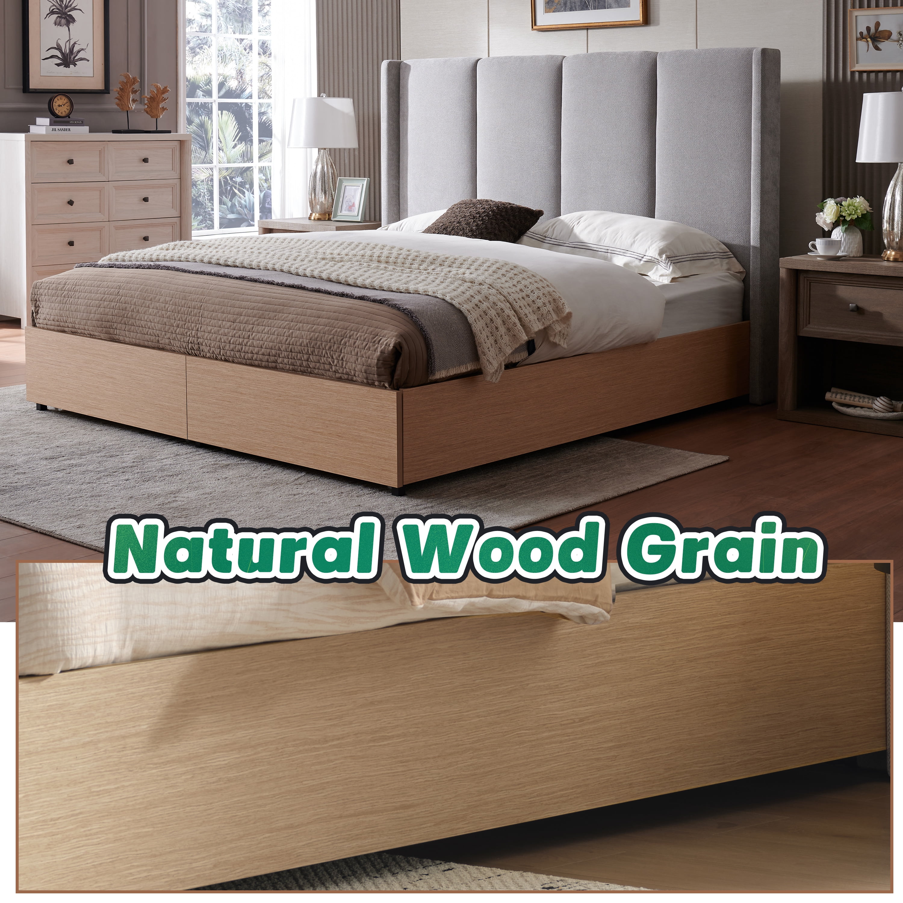 King Size Bed Frame and Upholstered Headboard, Solid Wood Platform Bed with Storage Drawers, Durable Wooden Slats, Solid and Stable, Noiseless, No Box Spring Needed, Easy Assembly, Light Gray