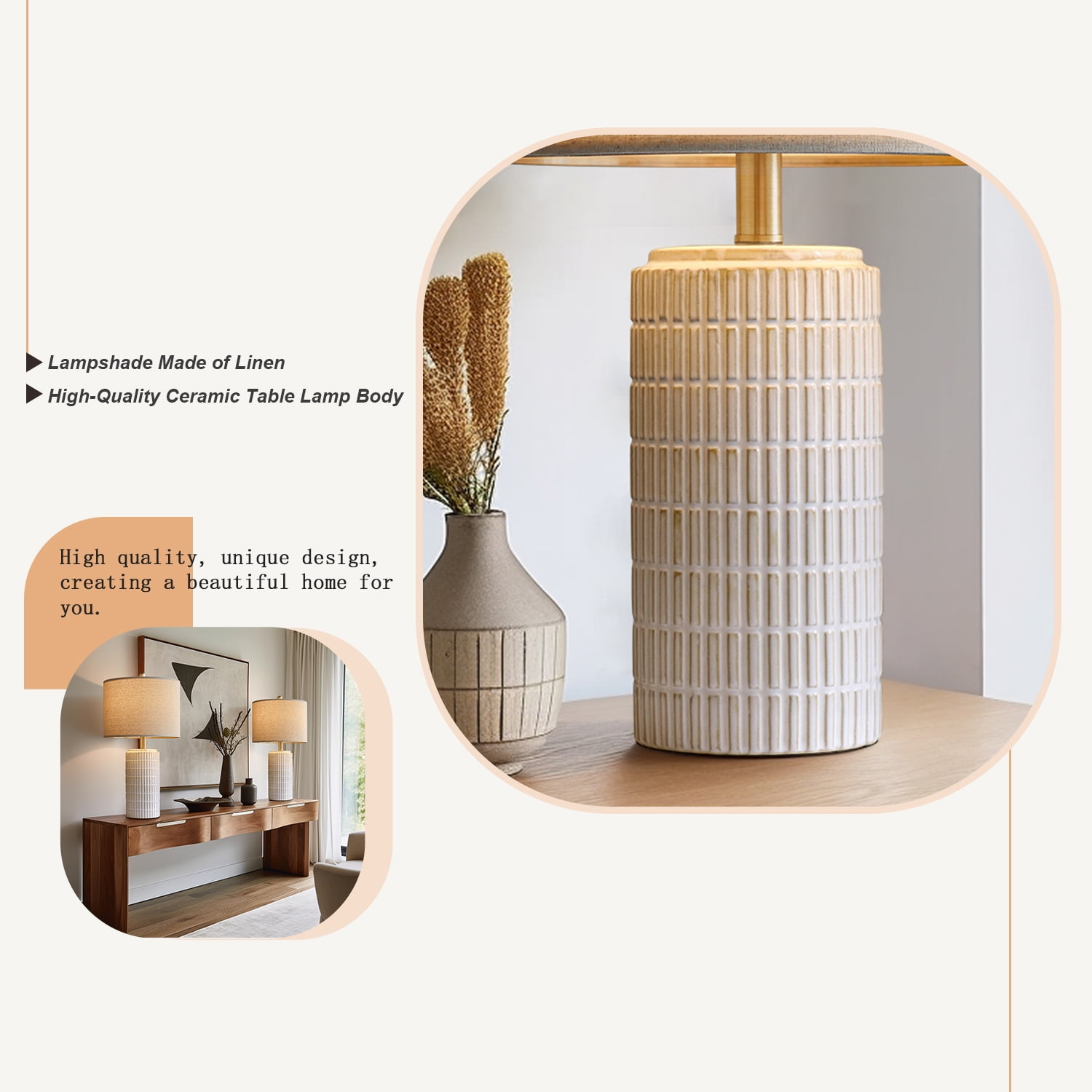 Oneach White Ceramic Table Lamps Set of 2 for Living Room Bedroom 23" Rustic Bedside Nightstand Lamps with Linen Lamp Shades