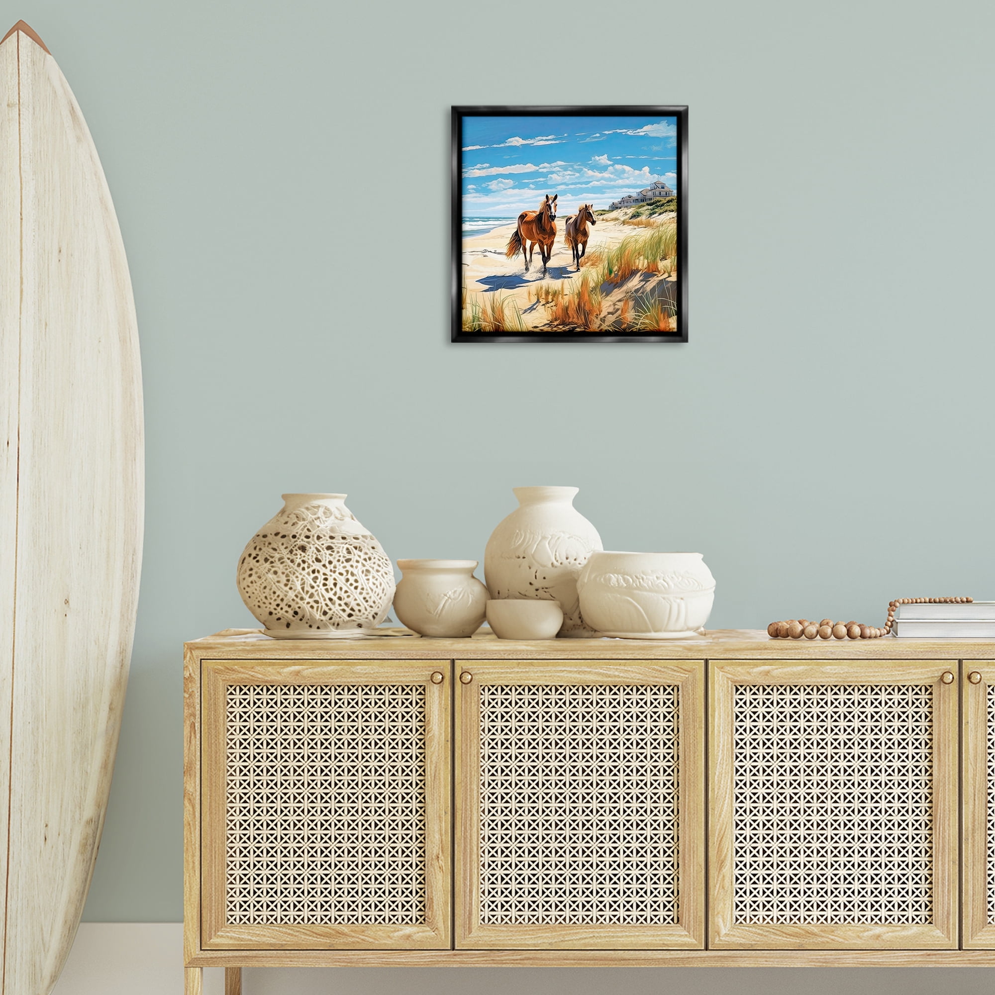 Stupell Industries Galloping Beach Horses Coastal Painting Black Floater Framed Canvas Art Print Wall Art, 18 x 18