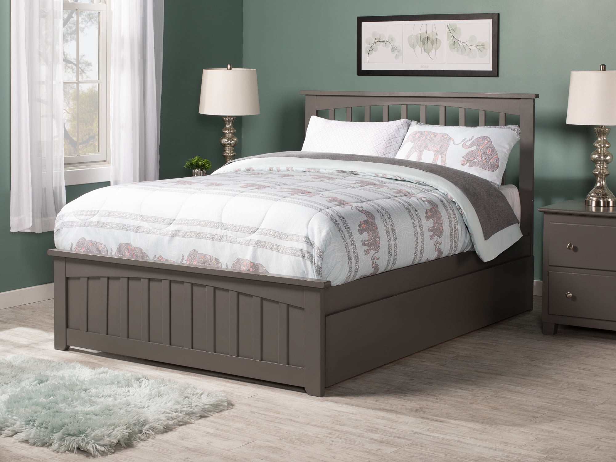 AFI Mission Queen Platform Bed with Wood Headboard Footboard & Twin XL Trundle, Grey