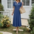 thumbnail image 4 of Fashion SMihono Maxi Dresses for Women 2025 Short Sleeve Solid Casual Dresses Button V Neck Summer Boho Beach Dress with Pockets Blue XL, 4 of 9