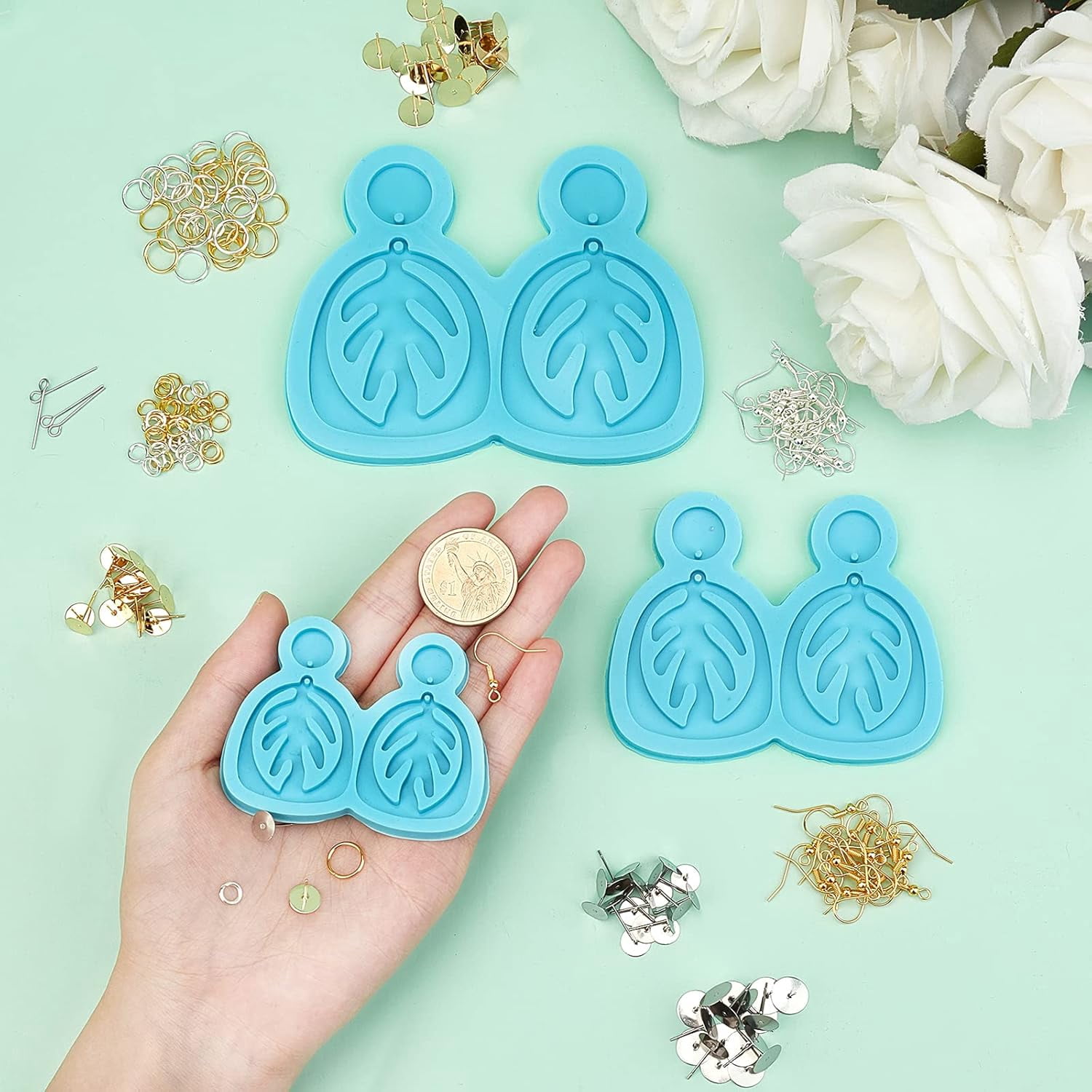6Pcs 3 Sizes DIY Leaf Dangle Stud Earrings Silicone Molds Deep Sky Blue Resin Casting Molds DIY