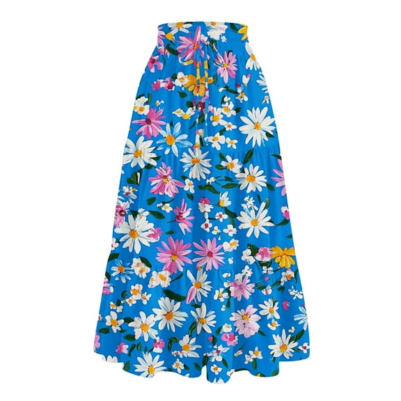 Yucgh Women's Floral Print Midi Skirt with Drawstring Elastic Waist, Casual Bohemian Skirt, A-line Summer Skirt with Pockets,Sky Blue,S